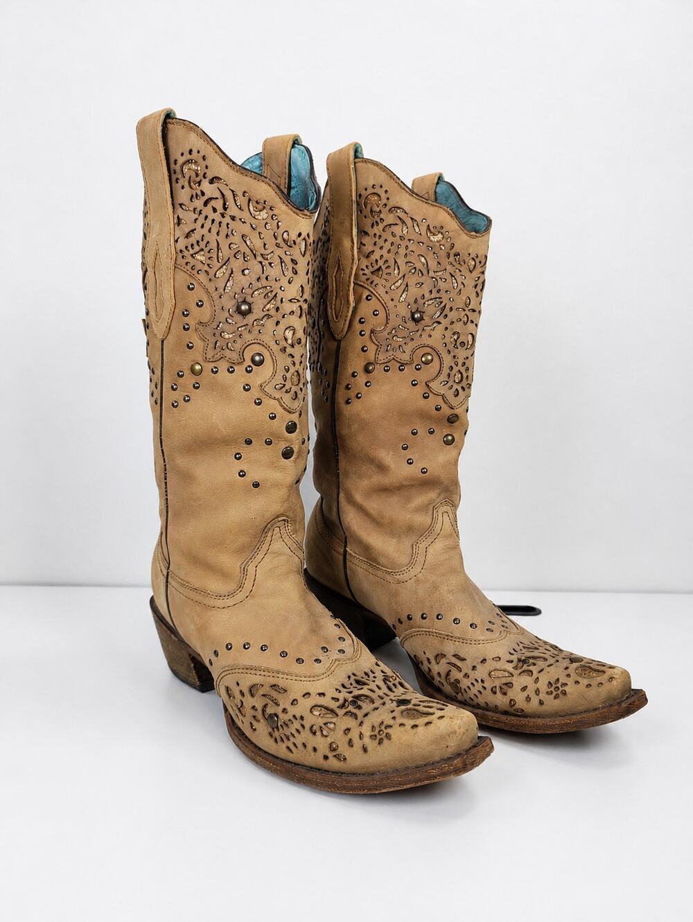 Corral Leather Western Cowboy Boots Laser Cut Studded Gold Metallic Tan 9.5M